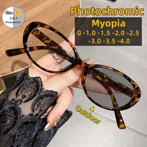 Extremely Simple Oval Frame Photochromic Myopia Glasses Fashionable and Casual High-definition Anti Blue Light Glasses