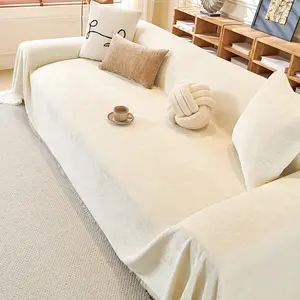 1 PC Luxurious Premium Chenille Sofa Cover, Solid Color with Fringe Design, Scratch-Resistant, Dustproof & Pet-Friendly Sofa Slipcover. Suitable for 1/2/3/4-Seater Sofas, All-Season Living Room Cover, Machine Washable, Bohemian Style, Washable Fabric