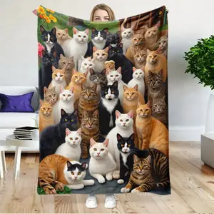 Cat-Themed Flannel Blanket | Soft Polyester, Mixed Colors, Contemporary Style, Perfect Gift for Cat Lovers, All-Season Use