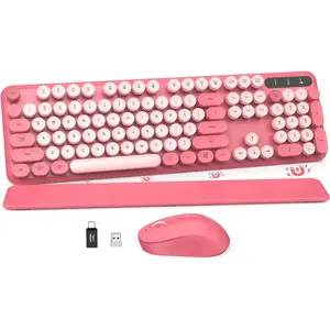 Wireless Keyboard and Mouse Combo - Round Keycaps, Full-Size Retro Typewriter Keyboard with Detachable Wrist Rest, Sleep Mode &amp; Tilt Legs, 2.4GHz Cordless Connection for Mac/Windows/PC (Pink-Colorful)