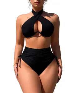 Women's High Waisted Bikini Set, Halter Criss Cross Keyhole Top with Underwire + Ruched Tummy Control Bottom, Black Sexy Swimwear for Beach 2026