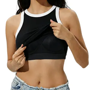 Comfy Comfy Boutique Halter Neck Built in Bra Tank Top for Women - Fixed Padded Brami - Two-Tone Ribbed Cami - Premium Viscose "No Bra" Top for Going Out & Everyday