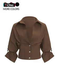 Women's solid color button-down collared long-sleeved casual shirt with pleated design, suitable for everyday wear, outdoor activities, work, club parties, and many other occasions.