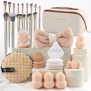 36pcs Cream Apricot Makeup Tools Set, Makeup Brush Kit, 15 Brushes, Sponges, Headband, Logo Square Bag, Christmas Valentine's Gift for Her