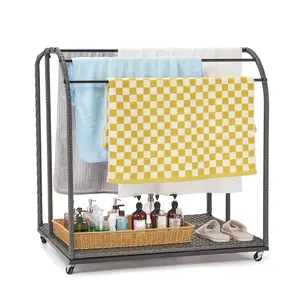 Gaomon Smooth Freestanding Outdoor Towel Rack - Rattan Base, 5 Towel Bars, Storage Organizer with Compartments for Pool Floats, Swimming Rings, Suitable for Outdoor/Indoor Use, Grey, Classic