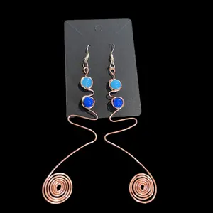 Copper wire/blue bead earrings 2