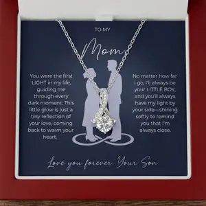 To My Mom Necklace from Son – Cubic Zirconia Pendant Stainless Steel Necklace with Heartfelt Message Card & LED Wooden Gift Box, Perfect Mother’s Day, Birthday or Christmas Gift for Mom – Veyla