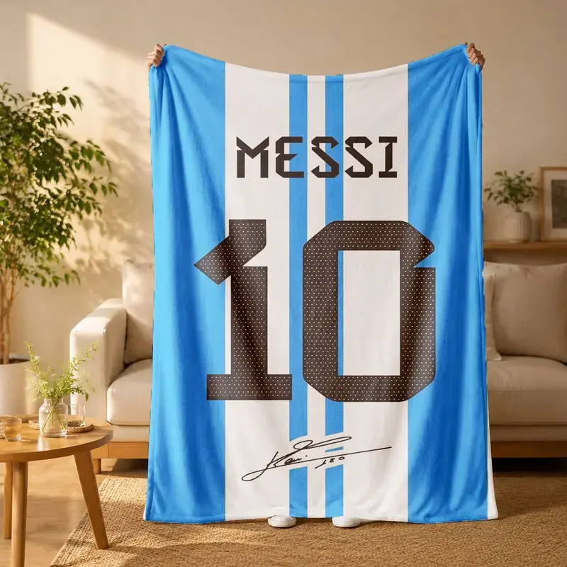Messi Argentina Blanket, Soccer Star No.10 Flannel Throw Blanket Soft Cozy Fleece Blanket, Blue White Football Fan Gift for Sofa Bed Bedroom Decor