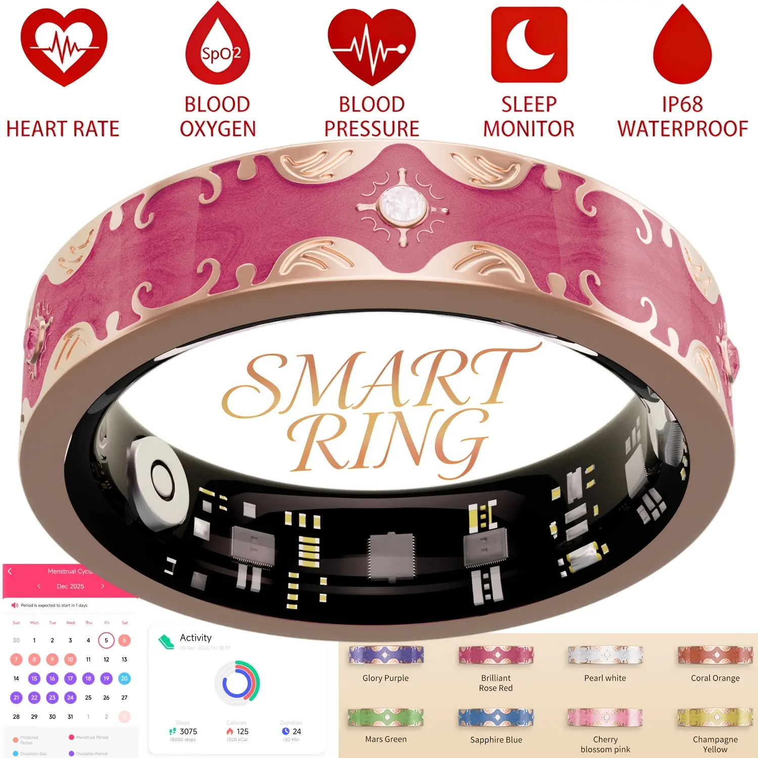 Women's 2026 Waterproof Wireless Alloy Smart Ring - Wearable Tech Fitness Tracker with Step, Distance, Calorie Monitoring, 120+ Sports Modes, Stress, Menstrual Cycle Trackers, No Subscription, iPhone & Android Compatible, Mother's Day Gift, Health Tracker