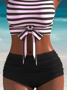Fashion Twist Design Striped Two-Piece Swimsuit, Simple Beach Vacation Swimwear, Stylish Summer Bathing Suit for Women