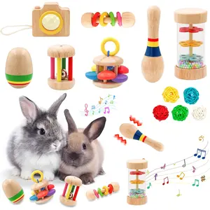 12 Pcs Wooden Bunny Toys-Safe Rabbit Toys, Multi-Colored Bite-Resistant Natural Wooden Chew Toys, Pets Teeth Care Molar Toys for Small Animals Rat Guinea Pig Playing Indoor Outdoor Gifts (11pcs)