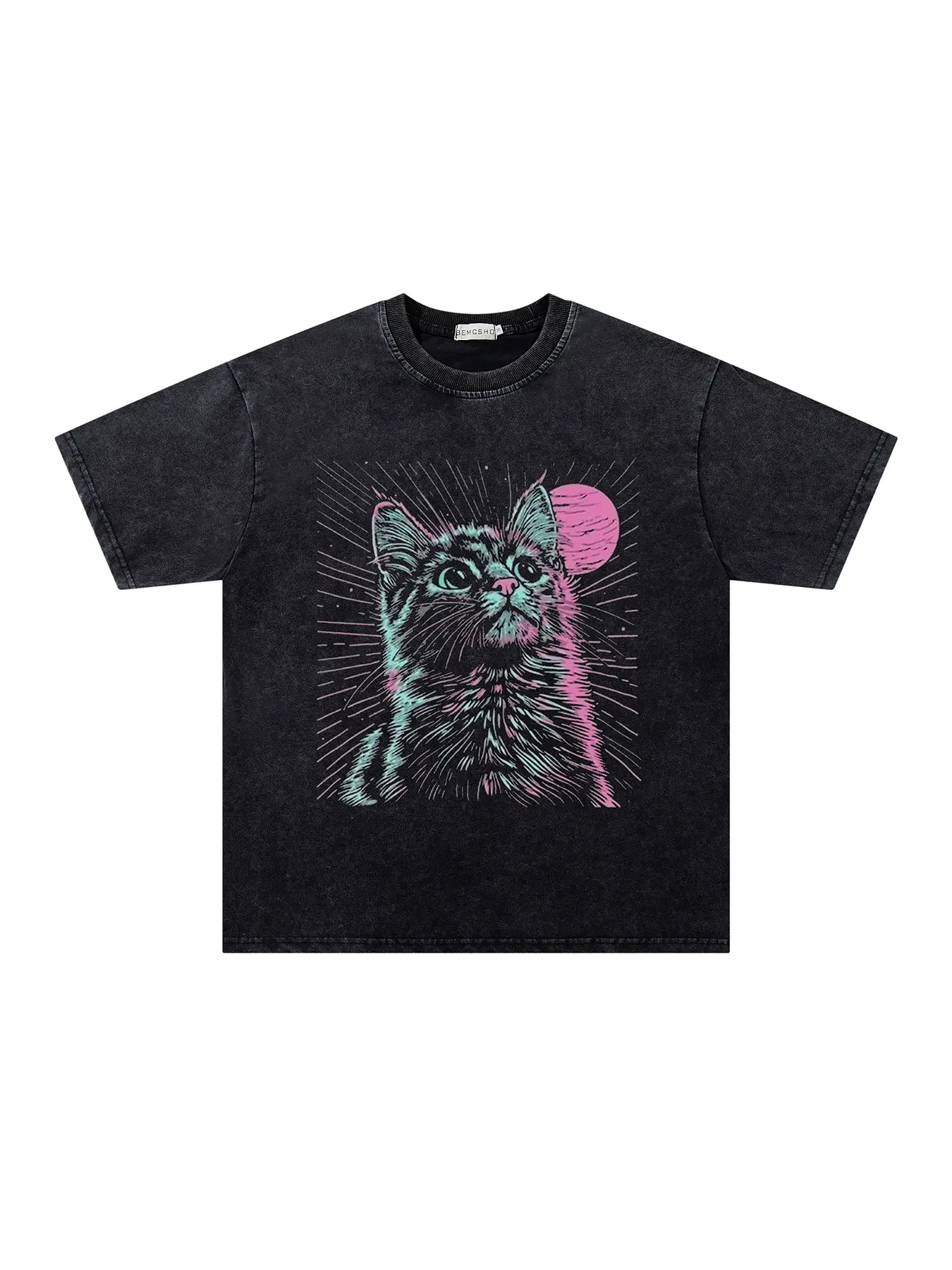 Men Women Summer New Trendy Fashion Casual Daily Wear Short Sleeve Tee Shirt, Vintage Dark Street Style Washed Tie-Dye Cat Print Top