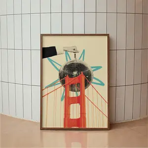 San Frandisco Poster, Funky Golden Gate Bridge Print, Retro Disco Wall Art, San Francisco Collage, Unique California Home Décor