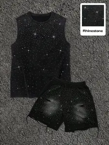 Men's Cotton Rhinestone Vest Set with Shorts, Fashion Streetwear with Rhinestones and Rips, Summer Casual Loose-Fit Ripped Suit