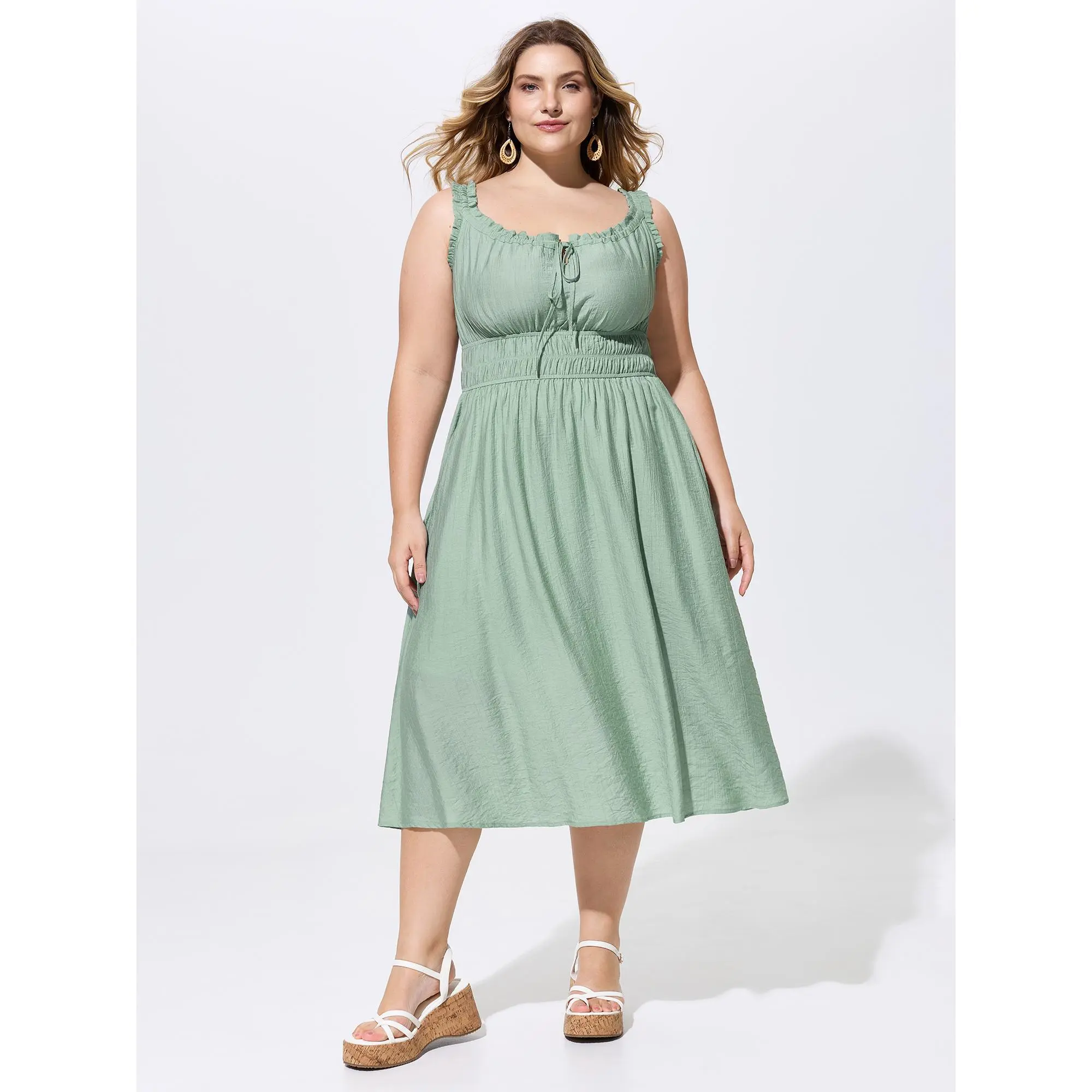 BloomChic Women's Plus Size Solid Boho Midi Dress, Sleeveless Rayon Blend with Smocked Waist, Pull-On, Pockets and Adjustable Neckline, Low Iron, 14-16/1X, Curvy Women Plus Size, Adjustable Drawstring Neckline, Plus Size Casual Dresses