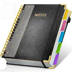 Hardcover Spiral Notebook Journal, 8"x10" Large B5 Notebooks with Removable Dividers Tabs, 300 Pages Leather 5 Subject Notebook College Ruled, Journal for Work School Note, 100 GSM Thick Paper,Black