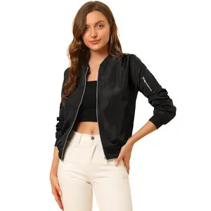 INSPIRE CHIC Casual Lightweight Zip-Up Bomber Jacket with Pockets, Black