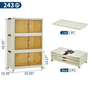 Stackable Storage Bins with Lids, 3 Layer Foldable Closet Organizers and Storage, 144QT Collapsible Plastic Storage Box with Magnetic Doors & Wheels, 55cm Wide Translucent