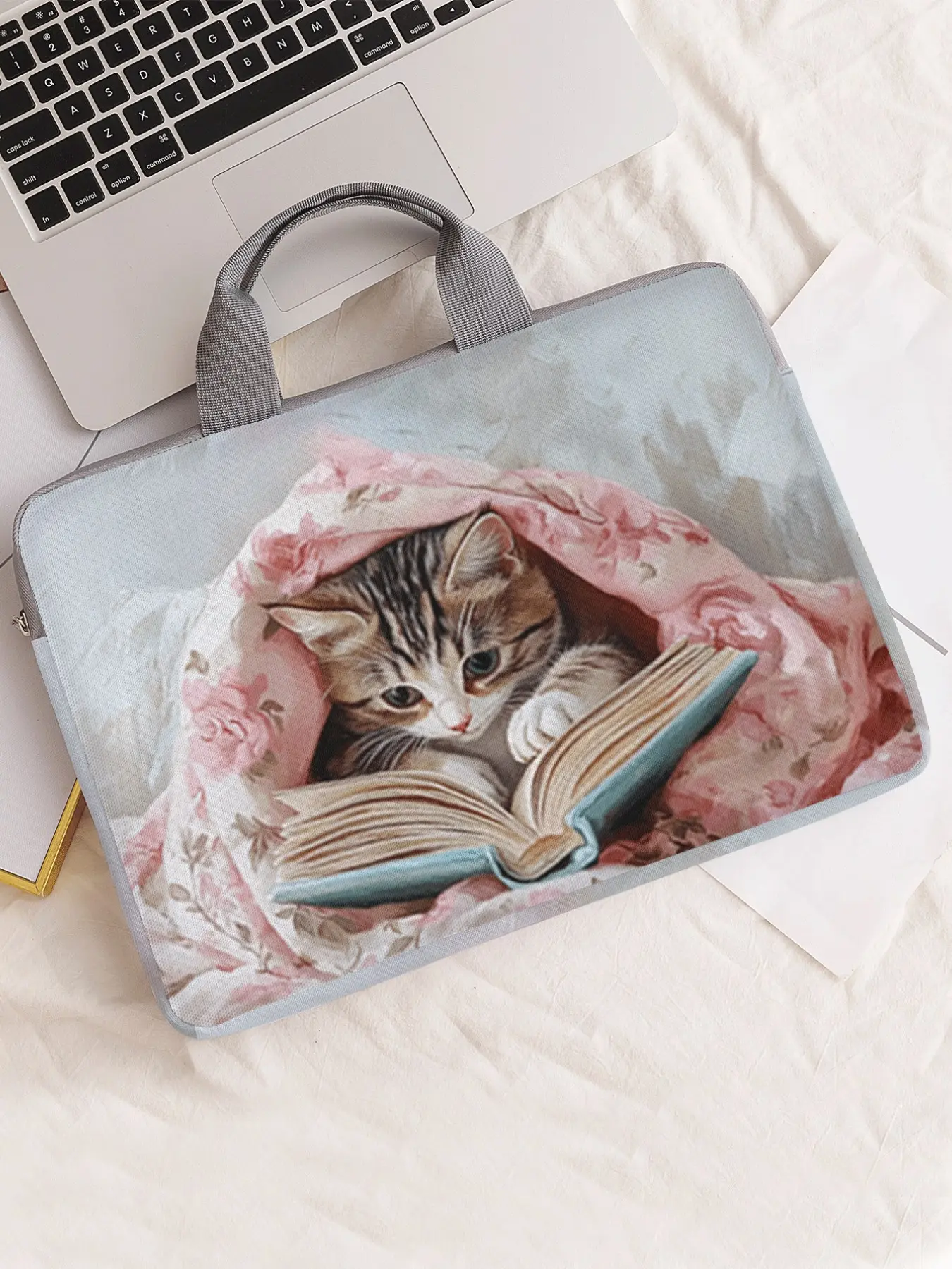 Cat Pattern Printed Notebook Bag, Soft Laptop Sleeve, Tablet Case, Zipper Storage Pouch, Casual Style, All Seasons, Laptop Bags