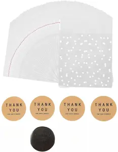 400PCS White Polka Dot Treat Bags Set Self Adhesive Candy Cookie Bags Set, 200 Cellophane Bags + 200 Thank You Sticker for Bakery Biscuit Chocolate Snacks Dessert (5.5x5.5Inches, White Polka Dot+Sticker)