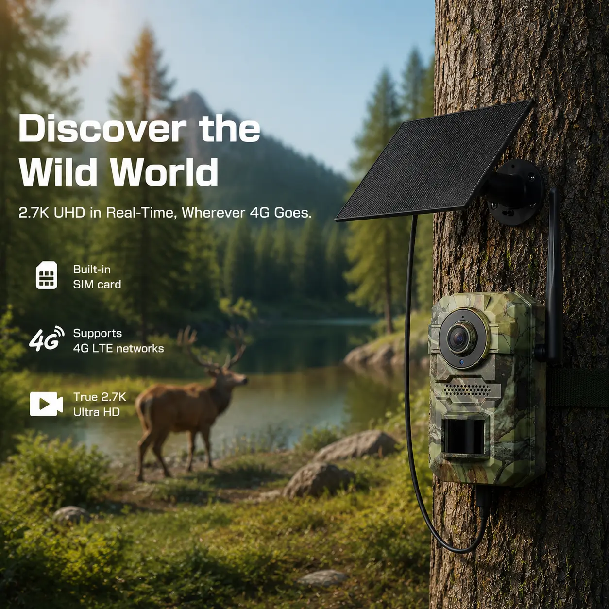 Solar Powered 4G LTE Hunting Trail Camera 2K Live Feed 0.2s Fast PIR Trigger Low-Glow Night Vision IP66 Waterproof, Game Camera Built-in SIM Card WiFi (Data refill is required for Unlimited 4G data usage)