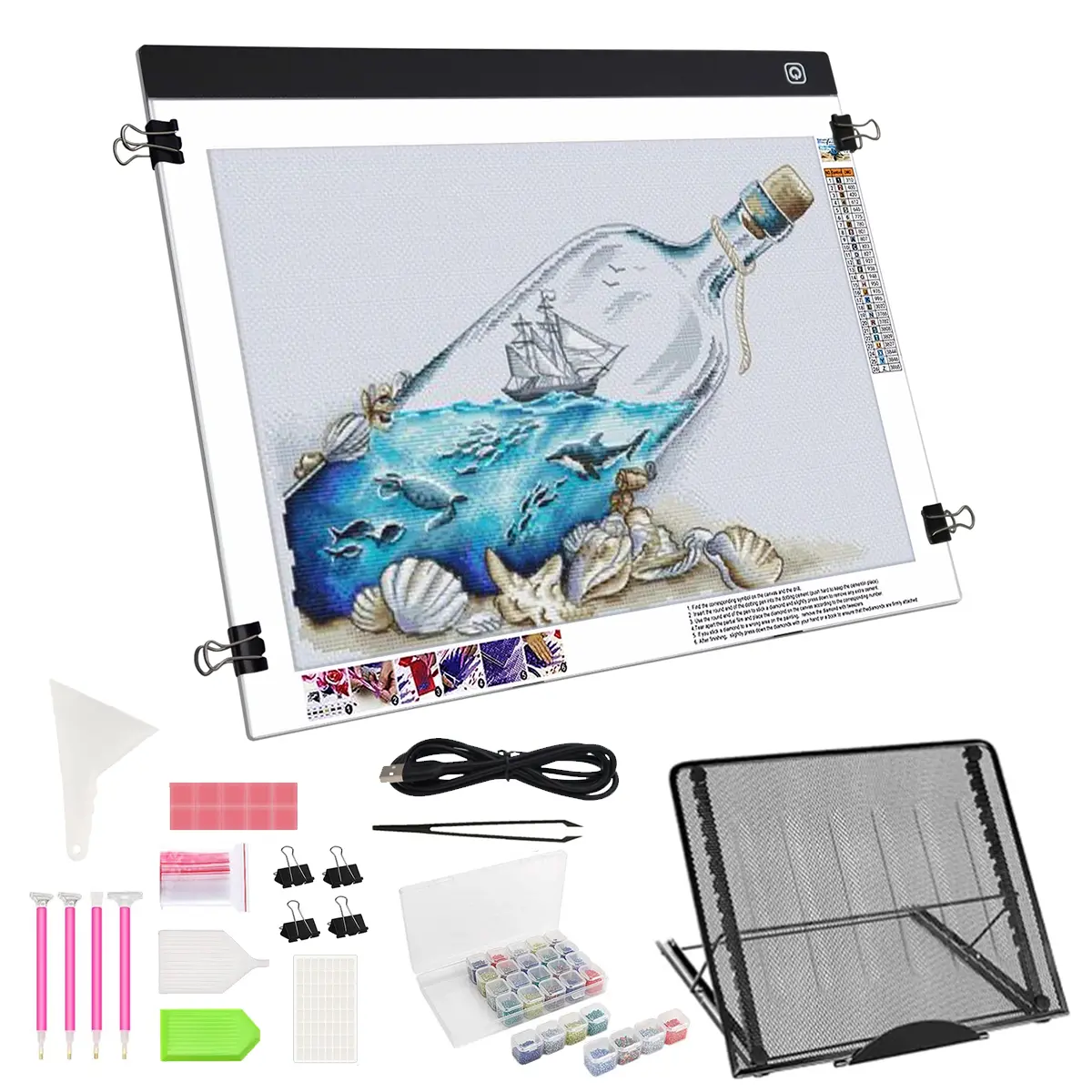 A2 LED Light Pad Drawing Copy Board For Diamond Painting Kits, USB Powered Light Pad, Adjustable Brightness Diamond Art Light Board With Detachable Stand, Clips, Beads Storage Box