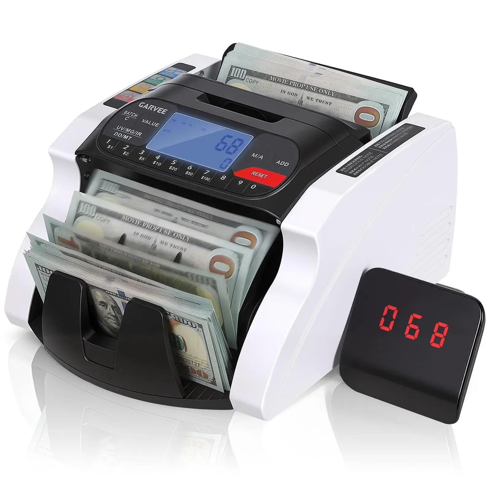 Garvee Accurate Value Counting Money Counter Machine - UV/MG/IR/DD/MT Counterfeit Detection, LCD Display, Batch & Add Modes for Cash Management - Ideal for Offices & Retail - US Standard