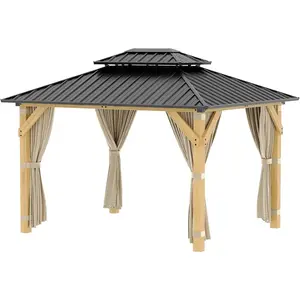 10x12 ft Hardtop Wood Gazebo for All Weather, Double Metal Roof Outdoor Pavilion with Cedar Frame, Curtains and Netting, Permanent Patio Gazebo for Backyard, Deck, Lawn, Garden, Khaki
