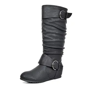 Dream Pairs Wide-Calf Fur-Lined Hidden-Wedge Boots – Pull-On Stretch Shaft, Cozy Fold-Over Collar