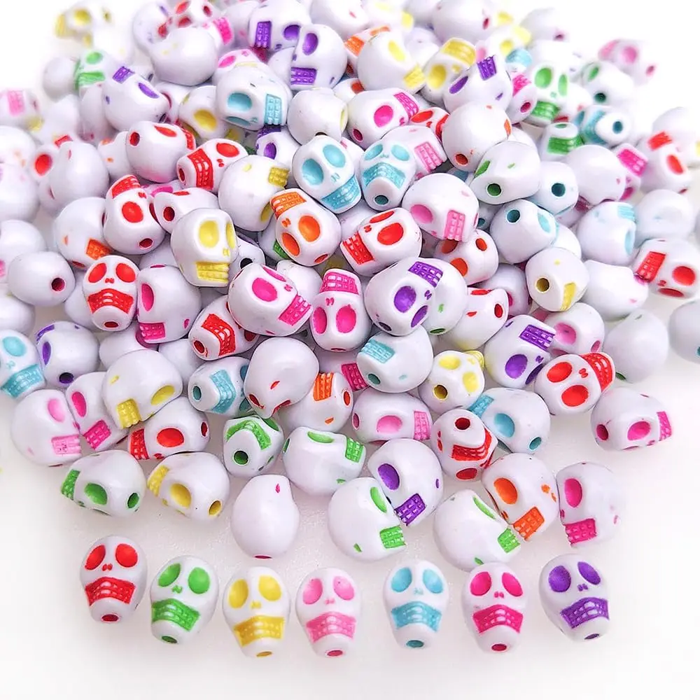 200+ Pieces 10x8mm Halloween Skull Beads for  Making Bracelets Necklaces Key Chains, White  Mixed Skeleton (Colorful on White)
