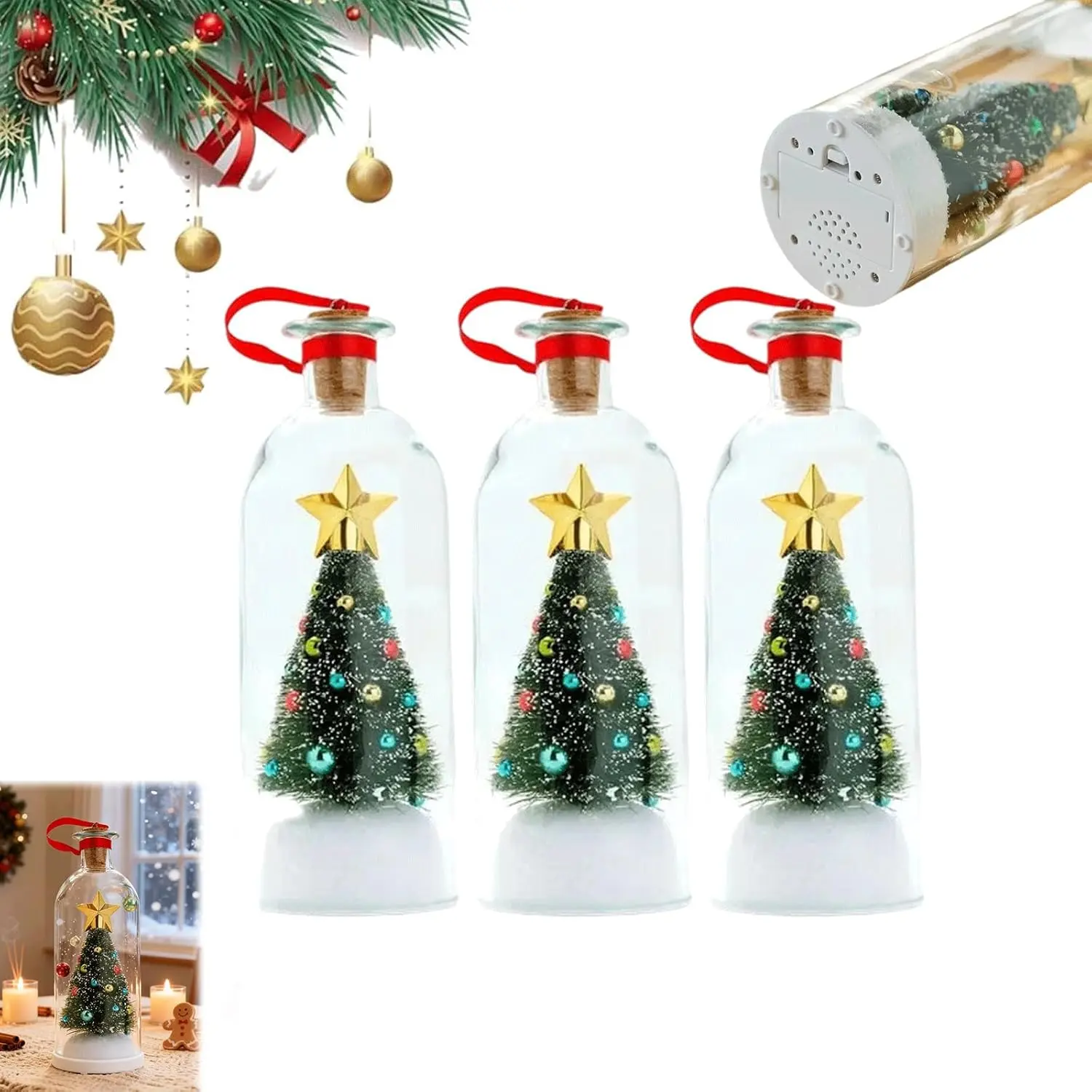 Green Christmas Tree Ornaments, Recordable Voice Recording Glass Message Bottle with Snowy Scene & Playback, Sentimental Holiday Keepsake for Xmas Tree & Home Decoration