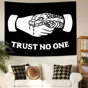 Trust No One Motivational Tapestry Wall Art – Black & White Graphic Design with Snake and Hands, Polyester Home Decor for Bedroom Decorative