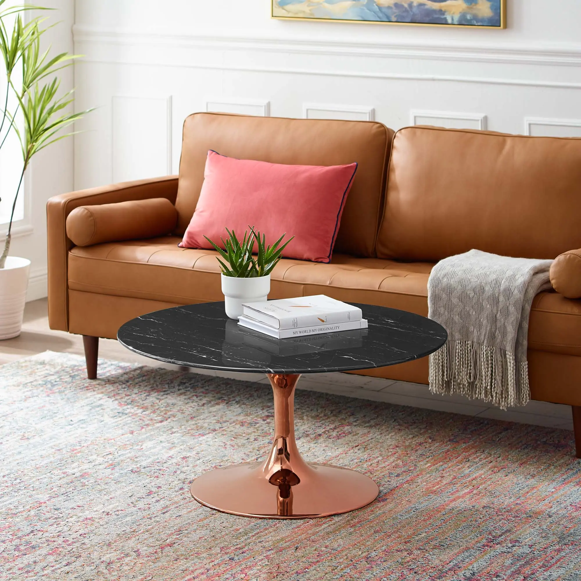 Modway Lippa 36" Artificial Marble Coffee Table in Rose Black