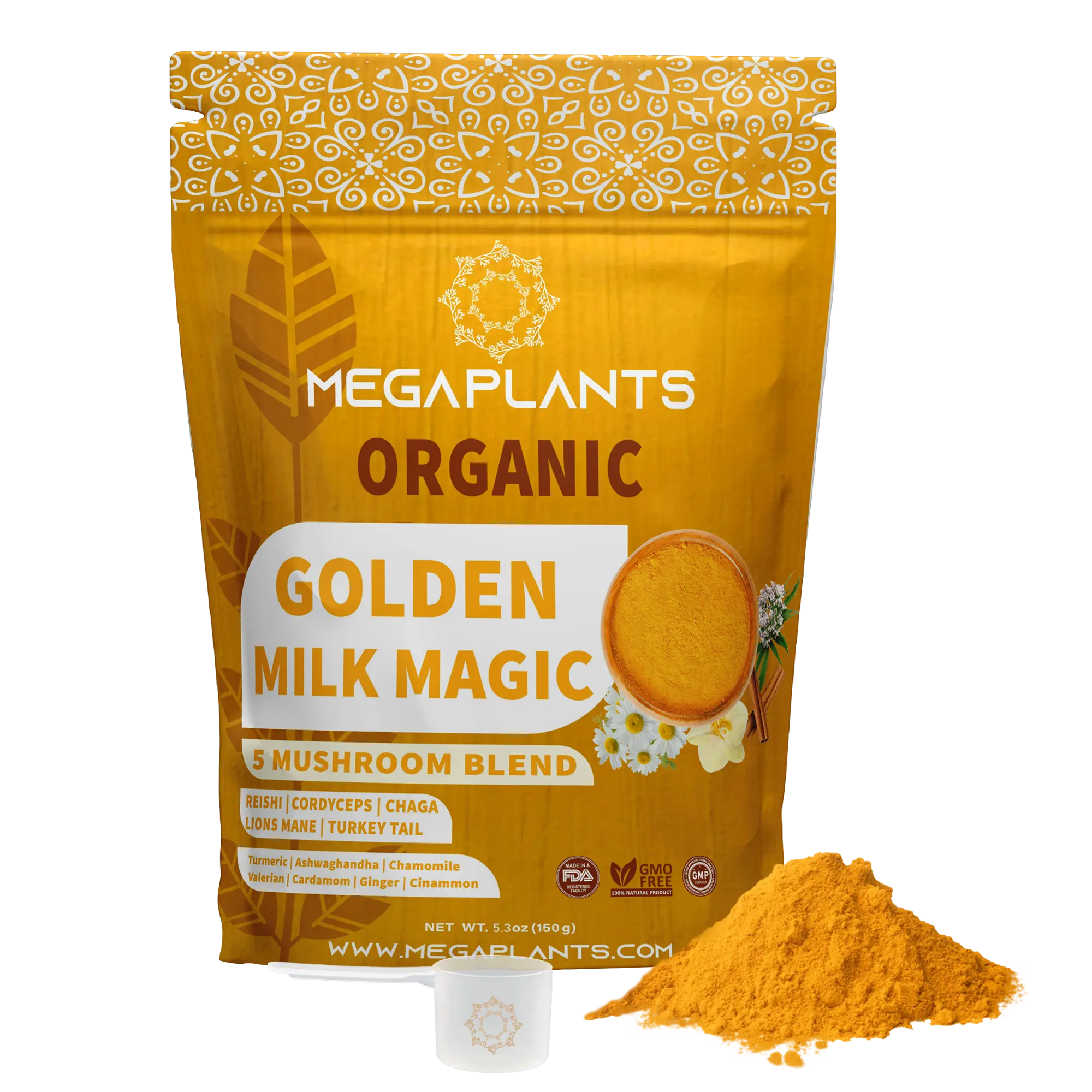 MegaPlants Golden Milk Magic Organic Superfood 5 Mushroom Blend for Sleep, Relaxation, Relief - Ashwagandha, Chamomile - Gluten Free, Non-GMO, Vegan