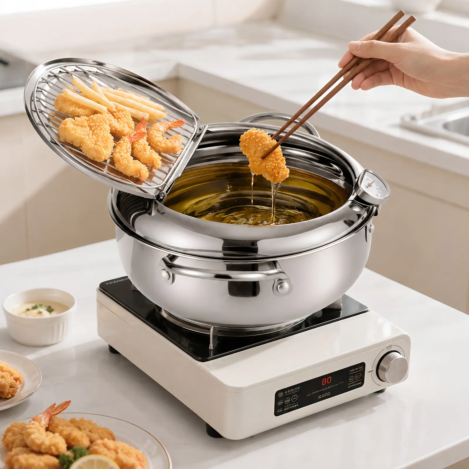 304 Stainless Steel Deep Frying Pot with Fry Basket, Stovetop Cooking Fryer for Homemade Chicken, Seafood, Vegetables and Fries