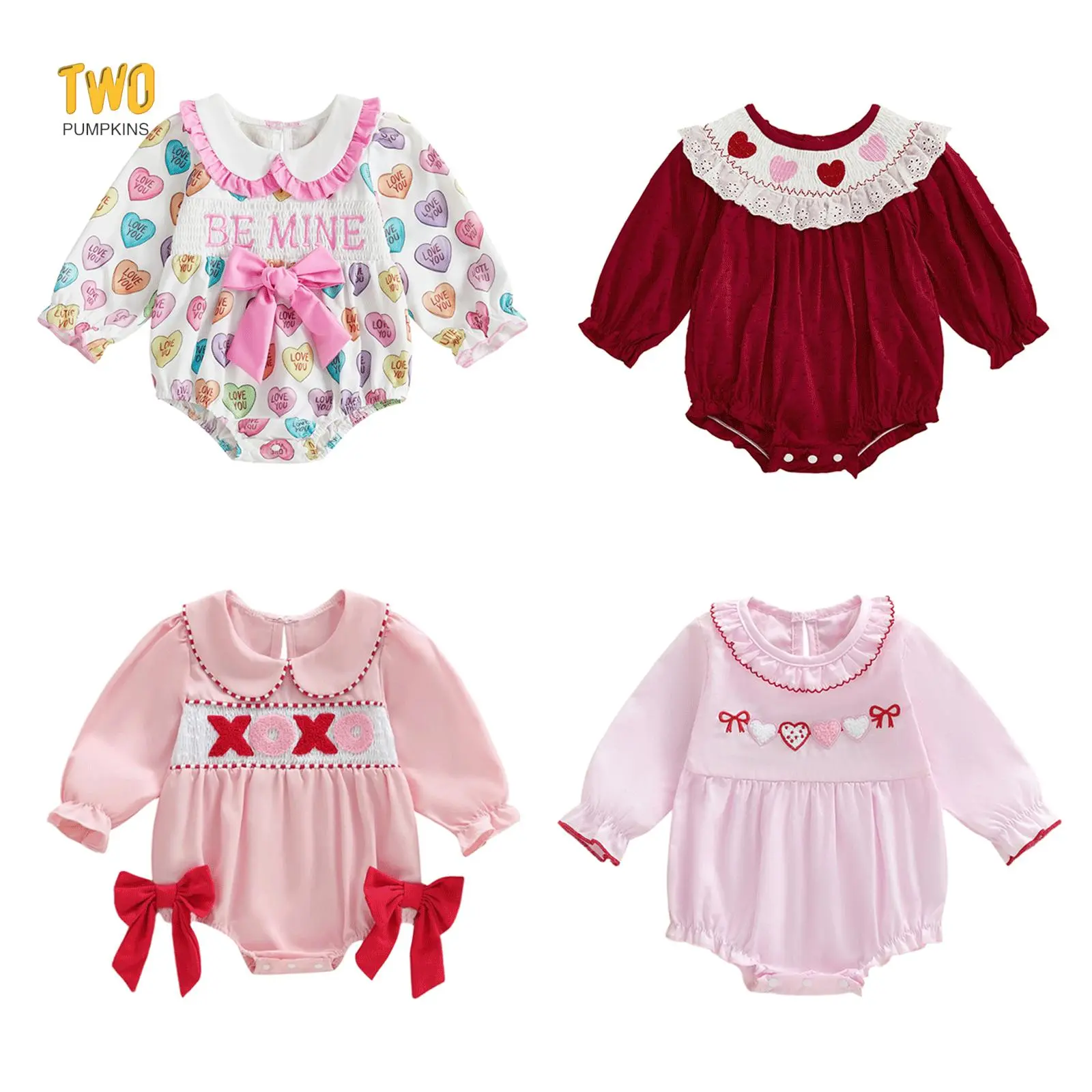 Baby Girl Outfit Sweetie Pie Puff Long Sleeve Smocked Romper Cake Print Doll Collar Bodysuit Headband For Valentine's Day