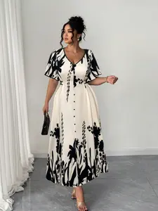 Elegant Plus Size Floral Print Dress, V Neck Button Embellished, Waist Cinched A-Line Gown, Women's Fashion Clothing