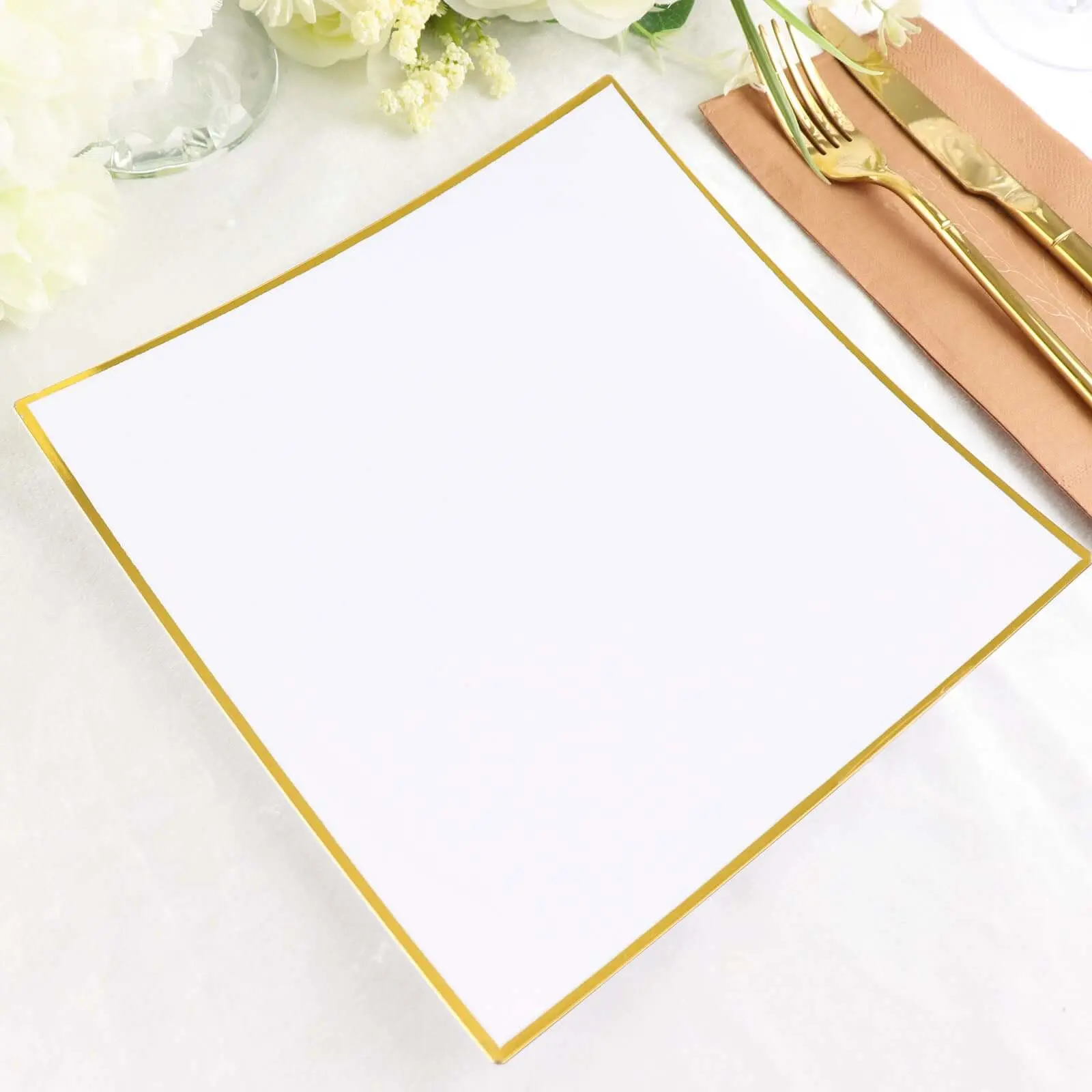 Disposable Tableware 10-Pack 10" White Concave Elegant Plastic Square Dinner Plates with Gold Rim - Modern Party Plates for Formal Dinners, Banquets, Party Planners, Elegant Plastic Plates