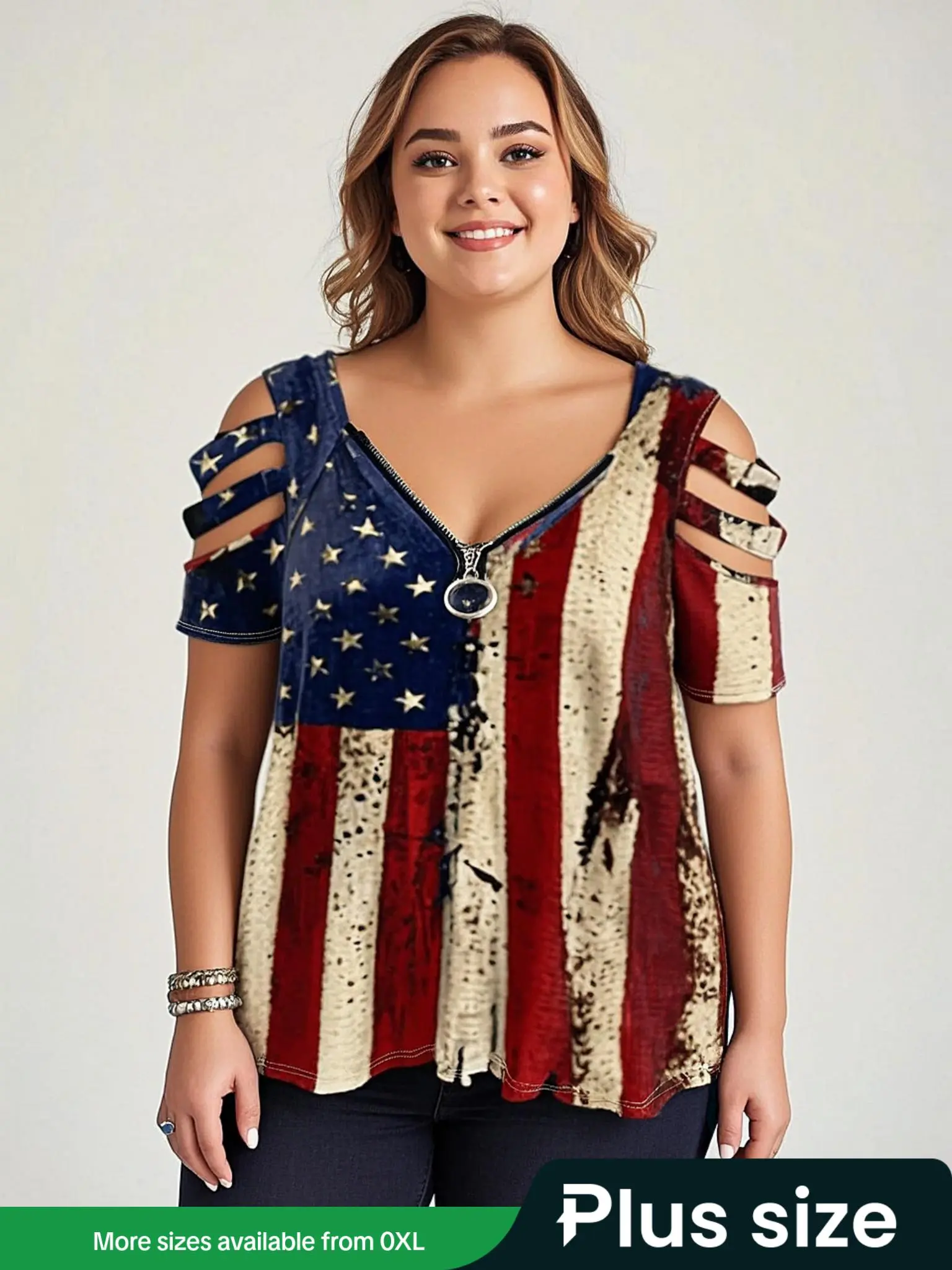 [Plus Size] American Flag Print Zipper Tee, Casual Shortsleeve T-shirt for Summer, Casual Summer Tees, Women's Plus Clothing for Daily Wear, Casual Tee Tops, Casual Everyday Wear, Casual T Shirts