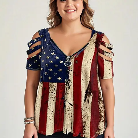[Plus Size] American Flag Print Zipper Tee, Casual Shortsleeve T-shirt for Summer, Casual Summer Tees, Women's Plus Clothing for Daily Wear, Casual Tee Tops, Casual Everyday Wear, Casual T Shirts