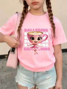 Girls' Outdoor Casual Round Neck Short Sleeve Top, Bottom Ballerina Cappuccino Cartoon Print Tee, Comfortable Versatile Shirt