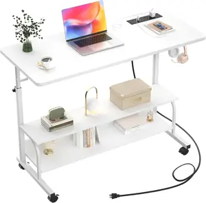 Height Adjustable Standing Desk with Power Outlets, 39" Manual Stand Up Desk with Storage Shelves Small Mobile Rolling Computer Desk Portable Laptop Table with Wheels for Home Office, White