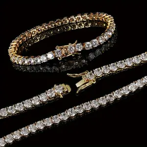 New Fashion Men's Tennis Necklace Bracelet Set 18K Gold Plated 5.0mm Round Zirconia Cut Faux Diamond For Men