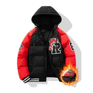 Men's Stylish Hooded Jacket Tops - Reversible Winter Polyester Coat, Casual Non-Stretch Woven, Regular Fit, Zipper-Equipped, with Embroidered Alphabet Sleeve