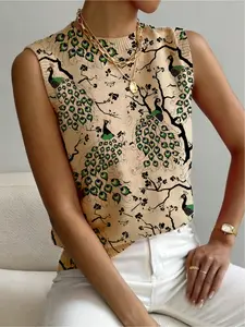 Women's Peacock Animal Print Small Short Stand Collar Fitted Sweater, Casual Sleeveless Knitwear Top for Spring, Autumn & Winter, Cozy Versatile Clothing for All Seasons