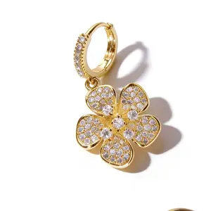 14K Gold Plated Hypoallergenic Four Leaf Clover Hoop Earrings for Women Dainty Paved Crystal Floral Drop Earrings Lightweight Trendy Y2K Aesthetic Jewelry TikTok Viral 2026 Everyday Wear Lucky Earrings Bridesmaid Birthday Holiday Jewelry Gift for Her