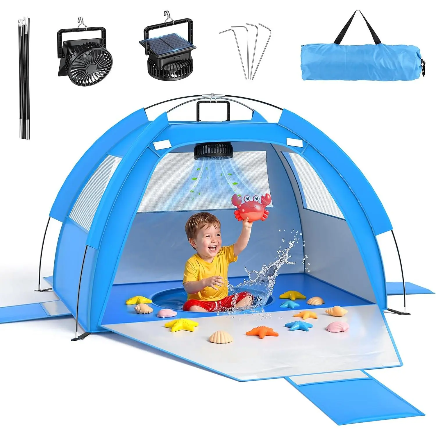 Portable Anti-UV Baby Beach Tent with Built-in Solar Cooling Fan, Sun Shelter Shade Play Tent for Toddler, Essential Baby Gear for Beach Travel Outdoor Play