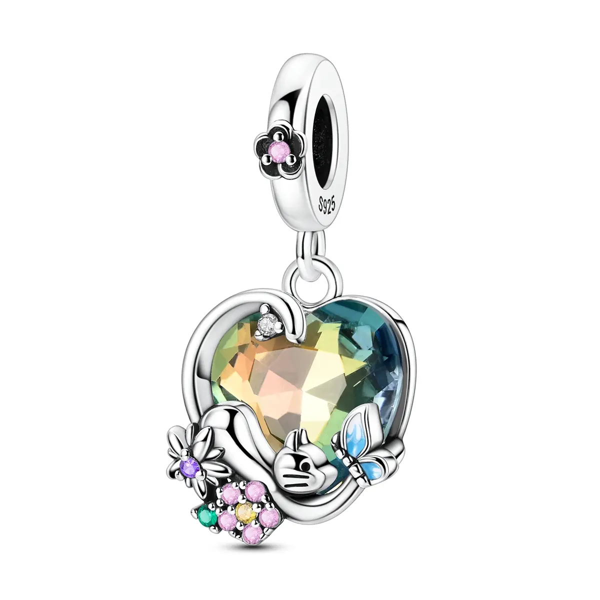 MULA Silver Plated Cat & Butterfly Heart Charm with Colorful Crystal & CZ, Whimsical Cottagecore Dangle Bead, Fits Most Bracelets & Necklaces, Birthday Gift for Her