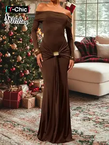 Aliling Elegant One-Shoulder Long Sleeve Knit Bodycon Dress, Women, Womenswear, Fall New Pure Color Party Gown, Evening Glam Gown, Fitted Maxi Dress for Formal Wear, Dates and Evening Events