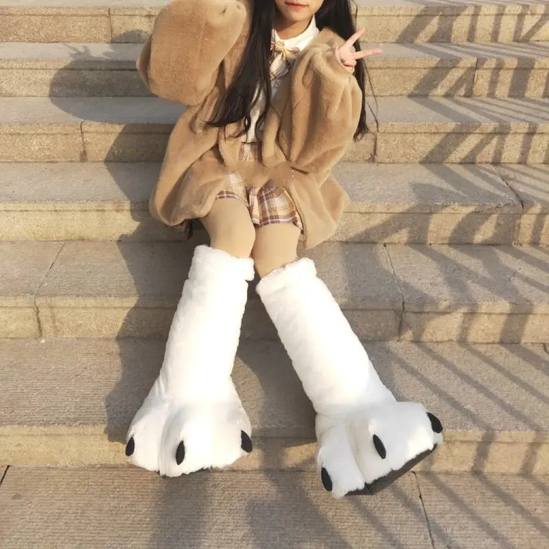 Creative Cute Bear Claw Slippers With Fur Slides